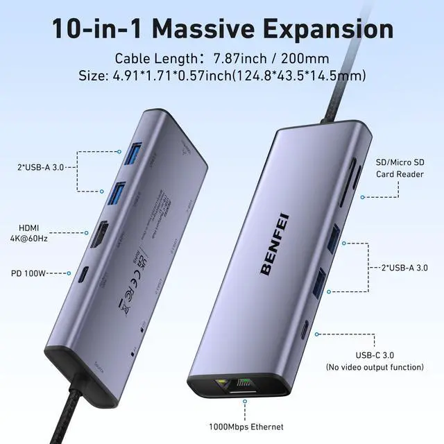 Alt view image 2 of 7 - USB C Hub 10-in-1 Docking Station, 4K@60Hz HDMI, Gigabit Ethernet, 100W PD, 5Gbps USB-C Data, 4X USB-A 3.0, 170MB/s SD/TF Card Reader for MacBook Pro/Air, iPad Pro, iMac, Galaxy S23, XPS 17