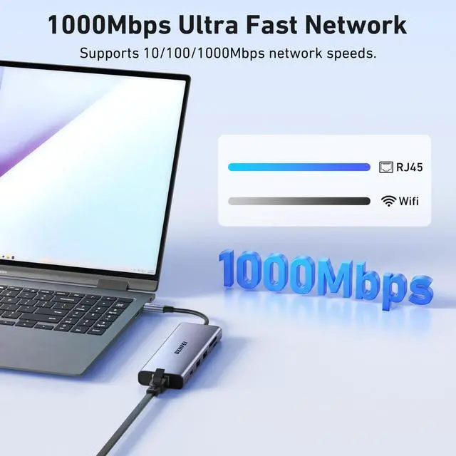 Alt view image 3 of 7 - USB C Hub 10-in-1 Docking Station, 4K@60Hz HDMI, Gigabit Ethernet, 100W PD, 5Gbps USB-C Data, 4X USB-A 3.0, 170MB/s SD/TF Card Reader for MacBook Pro/Air, iPad Pro, iMac, Galaxy S23, XPS 17