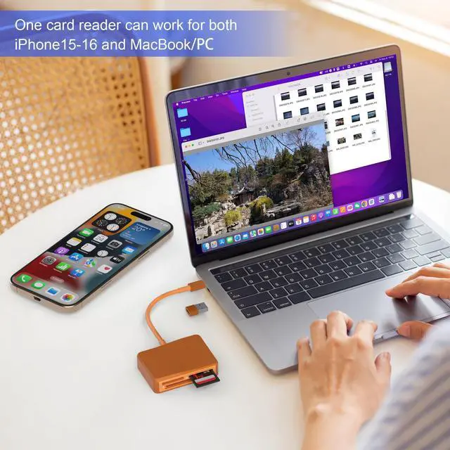 Alt view image 6 of 7 - SD Card Reader, 4 in 1 USB C to SD/TF/CF/MS Card Reader with USB to USB C Adapter Memroy Card Reader for iPhone 17/16/15 Pro Max iPad Pro MacBook Pro/Air iMac M4/M3 Android Phone/Tablet PC(TerraCotta)