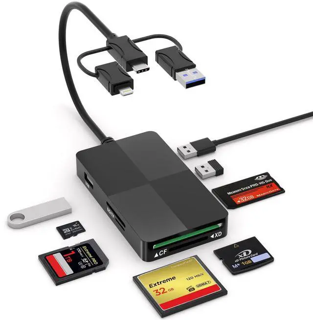 Main image of SD TF MS CF XD Card Reader with 3 USB Ports - 8 in 1 Multi Memory Card Reader Working Simultaneously Memory Stick pro Duo Adapter Supports Micro SD/SDHC/XD Picture Cards for iPhone 17/16/15/14/13