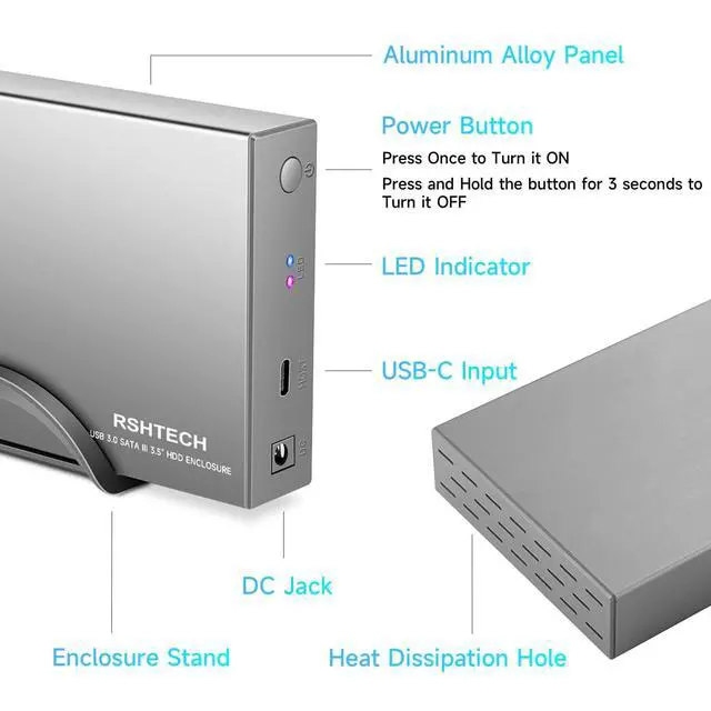 Alt view image 5 of 7 - Hard Drive Enclosure Upgraded Version 3.5" Aluminum USB C to SATA External Hard Drive Dock Case for 3.5 inch HDD & SSD up to 24TB, with 2-in-1 USB Cable, Support UASP
