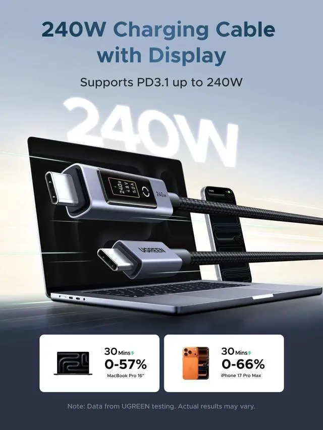 Alt view image 2 of 7 - Nexode 240W USB-C to USB-C Cable with TFT Smart Display, 6.6ft