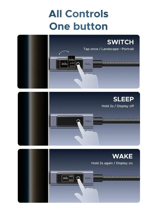 Alt view image 4 of 7 - Nexode 240W USB-C to USB-C Cable with TFT Smart Display, 6.6ft