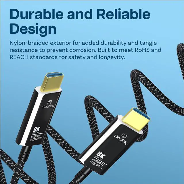 Alt view image 5 of 6 - HDMI 8K Fiber Optic Cable 10ft 48Gbps Ultra High Speed 8K@60Hz, 4K@120Hz, Dynamic HDR, ARC/eARC, HDMI 2.1, HDCP 2.2/2.3 Active Optical Cable (AOC) for PS5/Pro, Xbox, TV, Projector