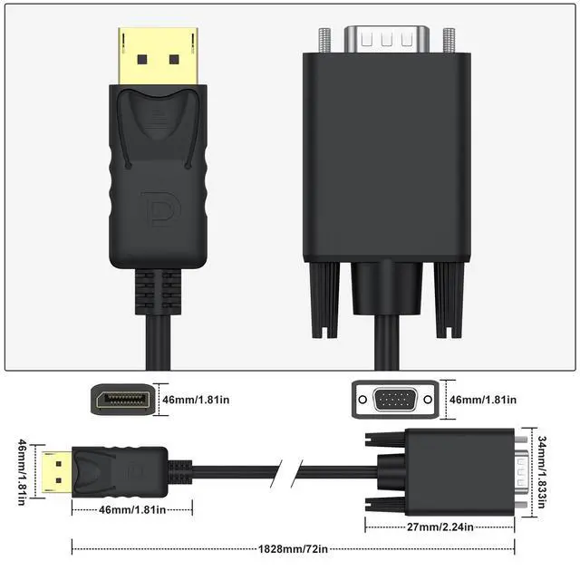 Alt view image 4 of 7 - DisplayPort to VGA Cable, 1.8M/5.9FT Display Port of Computer/Laptop to VGA of Monitor/Projector Adapter (Not Bidirectional)