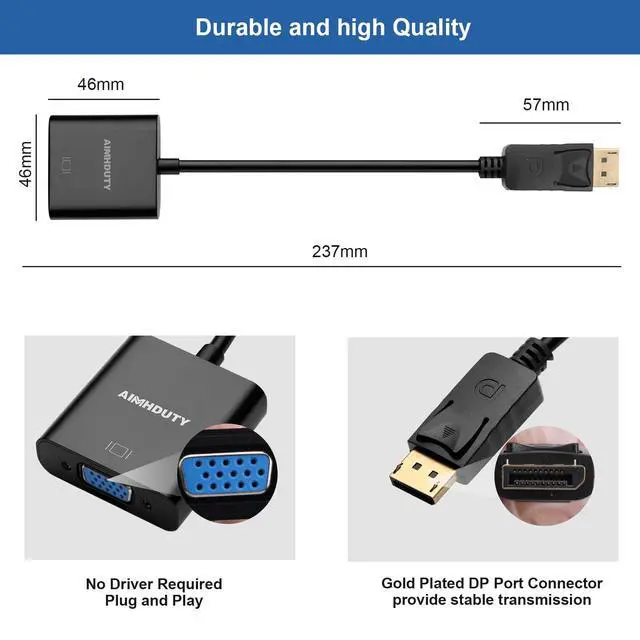 Alt view image 4 of 7 - Displayport to VGA adapter, Gold Plated DP Male to VGA Female Converter