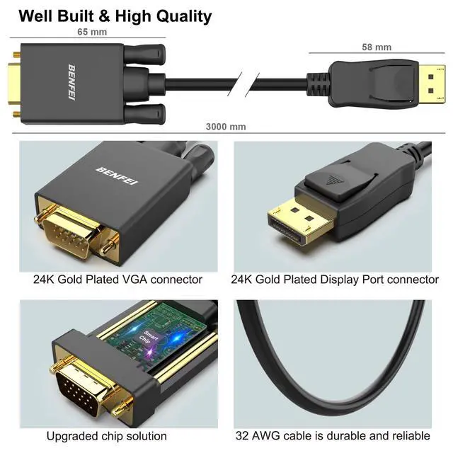 Alt view image 6 of 7 - DisplayPort to VGA 10 Feet Cable, Uni-Directional DP DisplayPort Computer to VGA Monitor Cable Male to Male Gold-Plated Cord Compatible with Lenovo, Dell, HP, ASUS and Other Brand