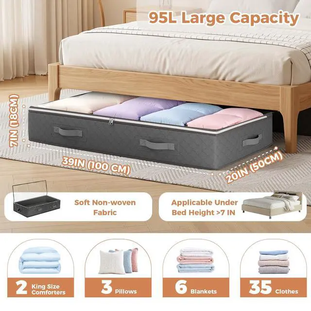 Alt view image 3 of 7 - 95L Under Bed Storage Containers, 4 Pack Closet Organizers Grey