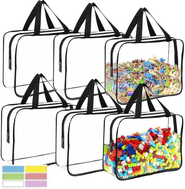 Main image of 6 Packs Large Toy Storage Bags with Labels, Reusable Clear PVC Board Game Storage, Travel Waterproof Organizer Bags with Zipper for Building Blocks, Puzzle, Kids Books