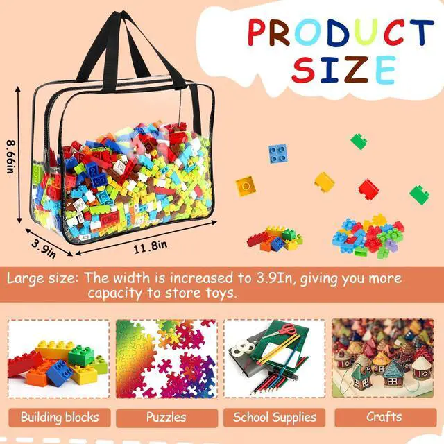Alt view image 2 of 7 - 6 Packs Large Toy Storage Bags with Labels, Reusable Clear PVC Board Game Storage, Travel Waterproof Organizer Bags with Zipper for Building Blocks, Puzzle, Kids Books