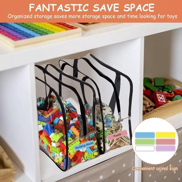 Alt view image 6 of 7 - 6 Packs Large Toy Storage Bags with Labels, Reusable Clear PVC Board Game Storage, Travel Waterproof Organizer Bags with Zipper for Building Blocks, Puzzle, Kids Books