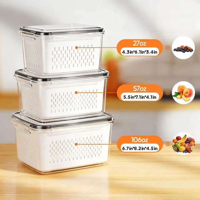 Alt view image 2 of 7 - Fruit Storage Containers for Fridge, 3 Pack Plastic Food Storage Container