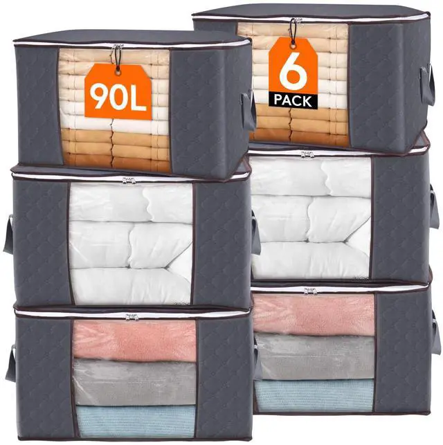 Main image of 90L Large Storage Bags, 6 Pack Closet Organizers and Storage, Clothes Storage Bins with Lids, Foldable Storage Containers with Reinforced Handles for Clothing, Blanket, Bedding, Comforter Gray