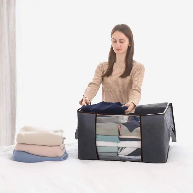 Alt view image 2 of 7 - 90L Large Storage Bags, 6 Pack Closet Organizers and Storage, Clothes Storage Bins with Lids, Foldable Storage Containers with Reinforced Handles for Clothing, Blanket, Bedding, Comforter Gray