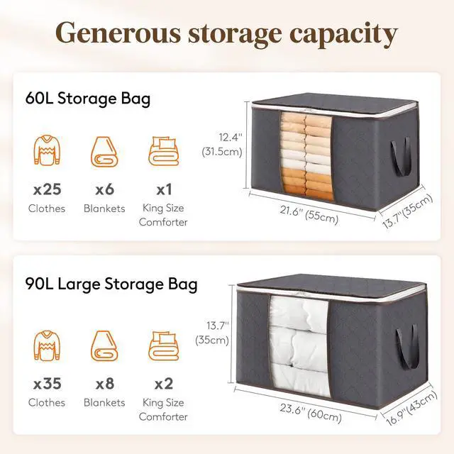 Alt view image 3 of 7 - 90L Large Storage Bags, 6 Pack Closet Organizers and Storage, Clothes Storage Bins with Lids, Foldable Storage Containers with Reinforced Handles for Clothing, Blanket, Bedding, Comforter Gray