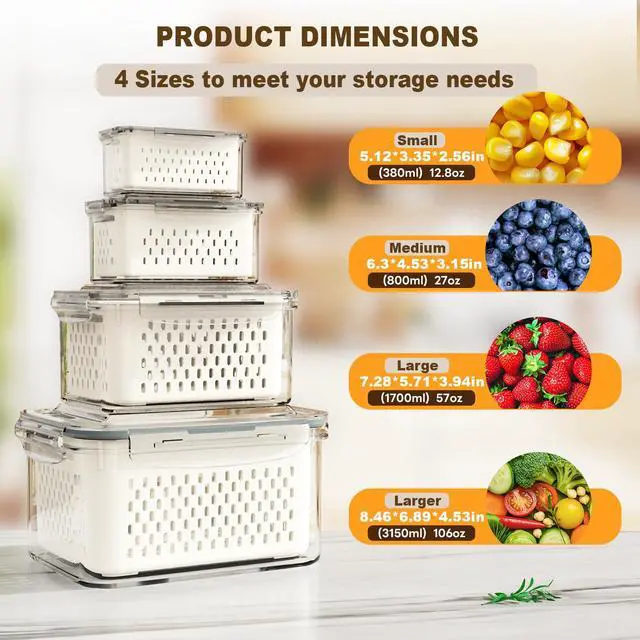Alt view image 2 of 7 - Fruit Storage Containers for Fridge 4 Pcs with Drain Basket