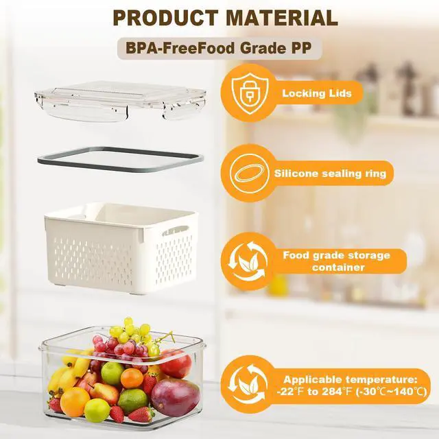 Alt view image 3 of 7 - Fruit Storage Containers for Fridge 4 Pcs with Drain Basket