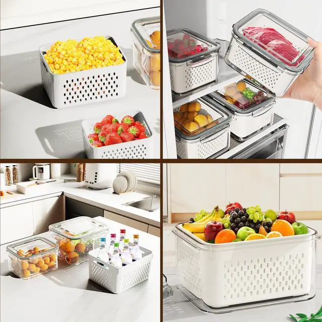 Alt view image 7 of 7 - Fruit Storage Containers for Fridge 4 Pcs with Drain Basket