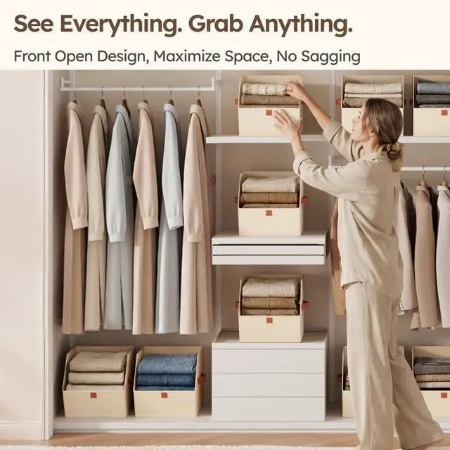 Alt view image 2 of 7 - Fabric Closet Storage Cubes - 6 Pack Square Storage Bins with Dual Handles for Clothes, Towels, Toys, Cube Storage Organizers for Bedroom, Nursery, Shelves, Closet, Small Spaces, Beige