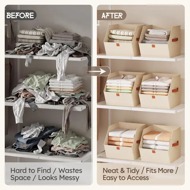 Alt view image 3 of 7 - Fabric Closet Storage Cubes - 6 Pack Square Storage Bins with Dual Handles for Clothes, Towels, Toys, Cube Storage Organizers for Bedroom, Nursery, Shelves, Closet, Small Spaces, Beige