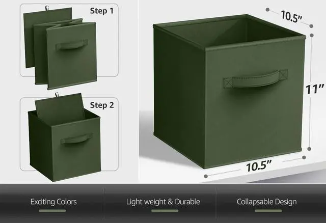 Alt view image 4 of 6 - Foldable Storage Cubes - 6 Fabric Baskets for Organizing Pantry, Shelf, Toy Box, Cubby, Closet Organizer - 11 Inch Collapsible Closet Organizers and Storage Bins (Dark Green 6 Pack)