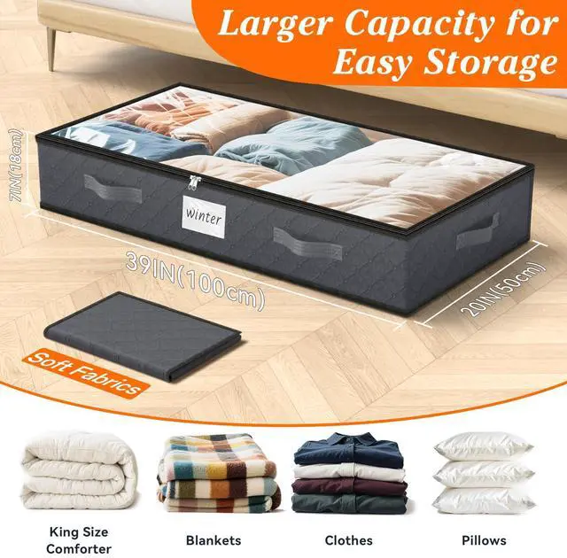 Alt view image 2 of 7 - 90L Under Bed Storage Containers, Storage Bags, Organizers, 4-Pack, Gray
