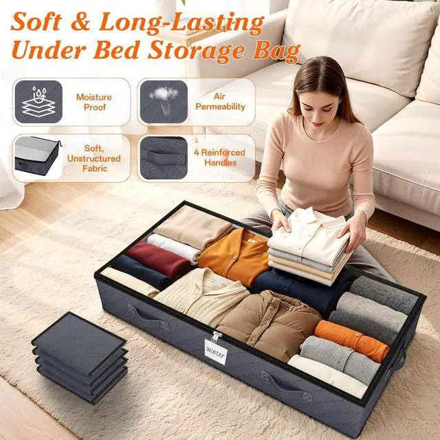 Alt view image 3 of 7 - 90L Under Bed Storage Containers, Storage Bags, Organizers, 4-Pack, Gray