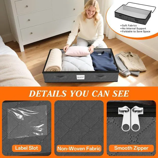 Alt view image 4 of 7 - 90L Under Bed Storage Containers, Storage Bags, Organizers, 4-Pack, Gray