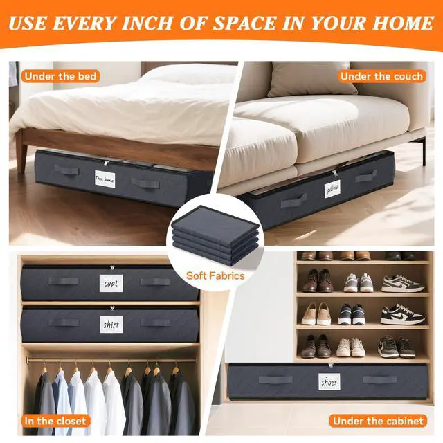 Alt view image 7 of 7 - 90L Under Bed Storage Containers, Storage Bags, Organizers, 4-Pack, Gray