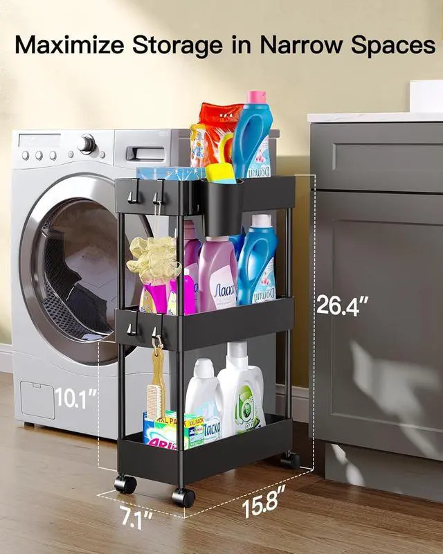 Alt view image 2 of 7 - Slim Storage Cart with Wheels - 3 Tier Bathroom Organizers and Storage Cart - Rolling Carts for Bathroom, Kitchen, Narrow Space, Laundry Room,Black
