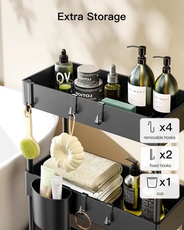 Alt view image 3 of 7 - Slim Storage Cart with Wheels - 3 Tier Bathroom Organizers and Storage Cart - Rolling Carts for Bathroom, Kitchen, Narrow Space, Laundry Room,Black