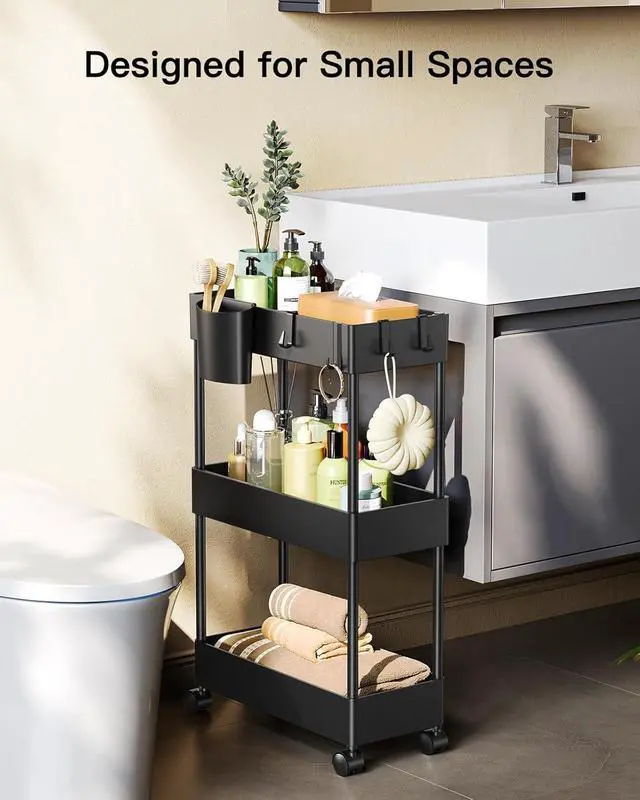 Alt view image 4 of 7 - Slim Storage Cart with Wheels - 3 Tier Bathroom Organizers and Storage Cart - Rolling Carts for Bathroom, Kitchen, Narrow Space, Laundry Room,Black
