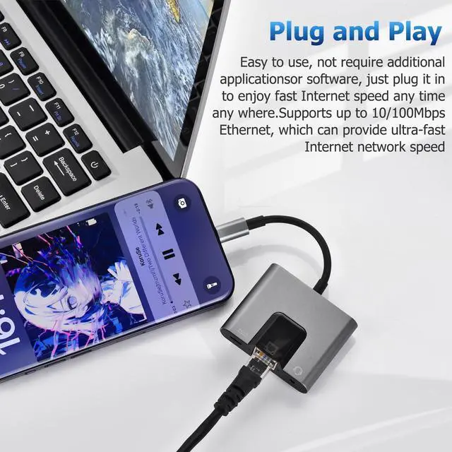 Alt view image 4 of 7 - Lightning to RJ45 Ethernet Adapter Network Adapter, Support 10/100Mbps Ethernet Network, with Lightning Charge Port and 3.5mm Audio Jack, Compatible with iPhone 14 13 12 11/iPad