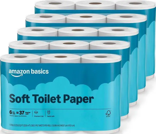 Main image of 2-Ply Soft Toilet Paper, 30 Rolls (5 Packs of 6), 350 Sheets per Roll, Septic Safe, Equivalent to 185 Regular Rolls