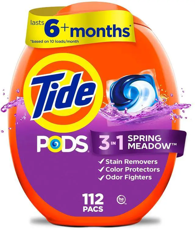 Main image of PODS laundry detergent pacs, 3-in-1 Stain Remover, Odor Fighter, Color Protector, 112 Count, HE compatible, Spring Meadow Scent