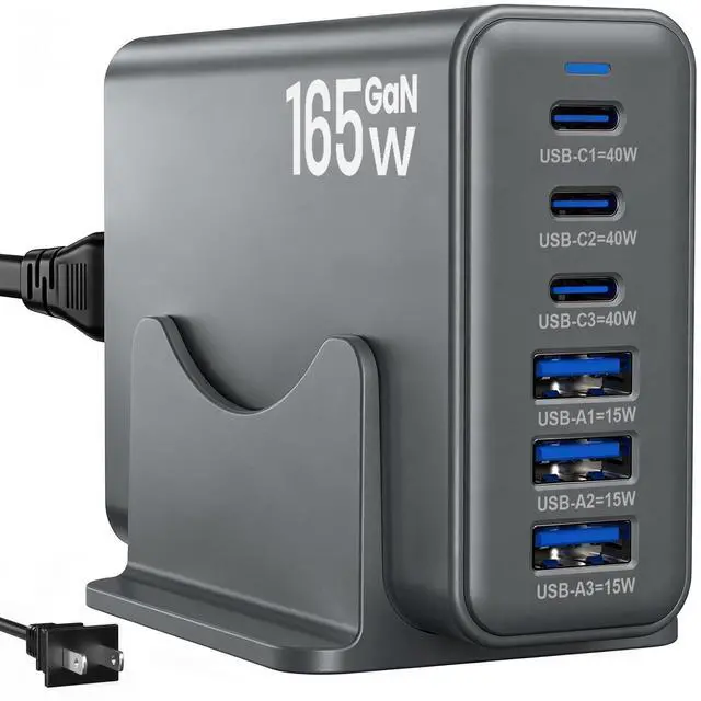 Main image of 165W Charging Station, 6 Port Desktop Charger, 3 Ports 40W Grey