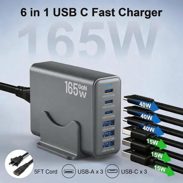 Alt view image 2 of 7 - 165W Charging Station, 6 Port Desktop Charger, 3 Ports 40W Grey