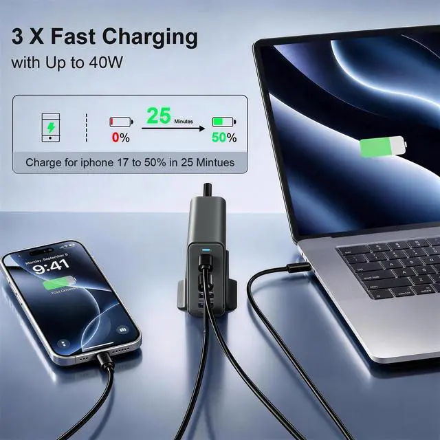 Alt view image 3 of 7 - 165W Charging Station, 6 Port Desktop Charger, 3 Ports 40W Grey