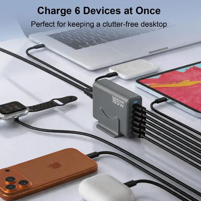 Alt view image 4 of 7 - 165W Charging Station, 6 Port Desktop Charger, 3 Ports 40W Grey
