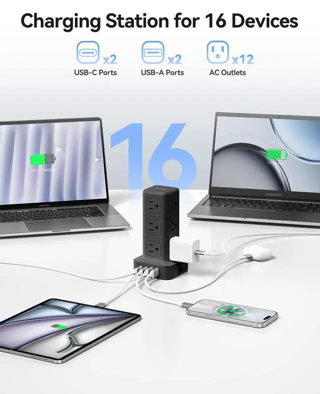 Alt view image 2 of 7 - Tower Power Strip with Surge Protection, Charging Station Tower