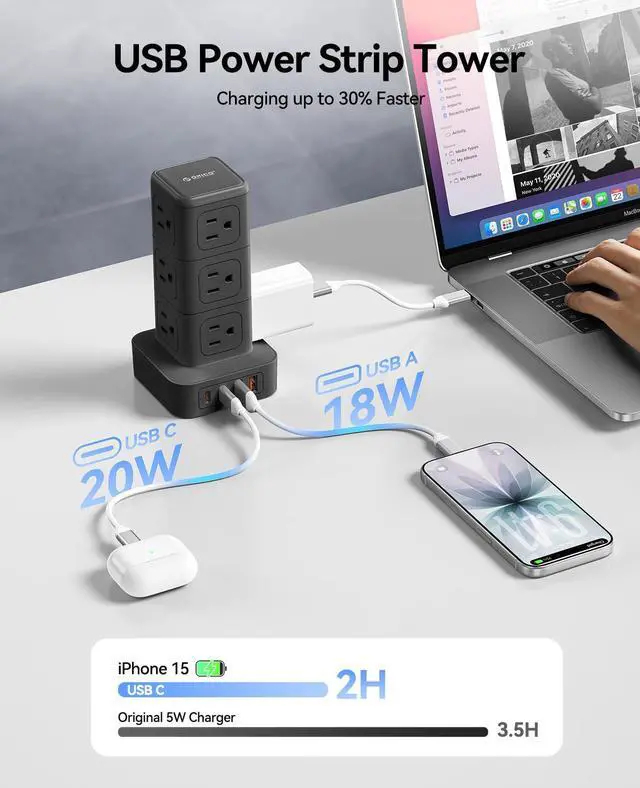 Alt view image 3 of 7 - Tower Power Strip with Surge Protection, Charging Station Tower