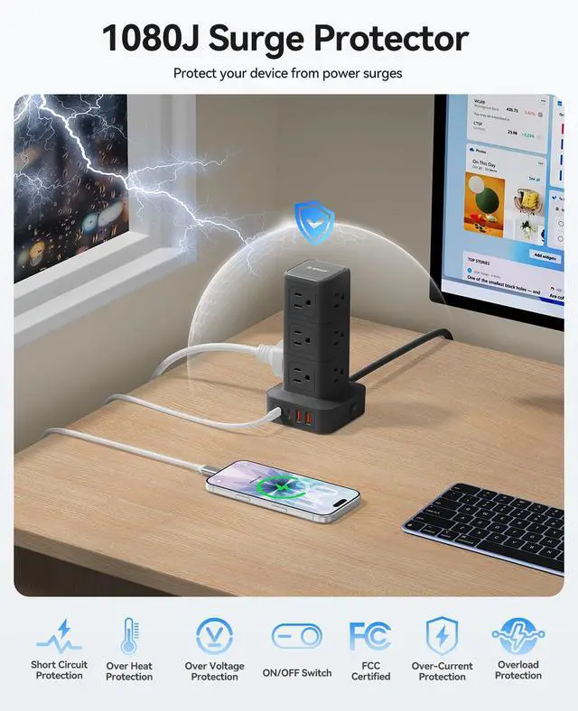 Alt view image 4 of 7 - Tower Power Strip with Surge Protection, Charging Station Tower