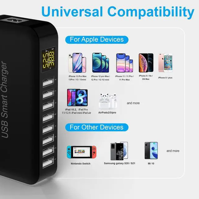 Alt view image 3 of 6 - USB Charging Station, 8-Port 60W/12A USB Charger Station, Multi Ports USB-A Charging Hub with LED Display, Compact Desktop Charger for Multiple Devices, iPhone iPad Samsung Android and Tablet