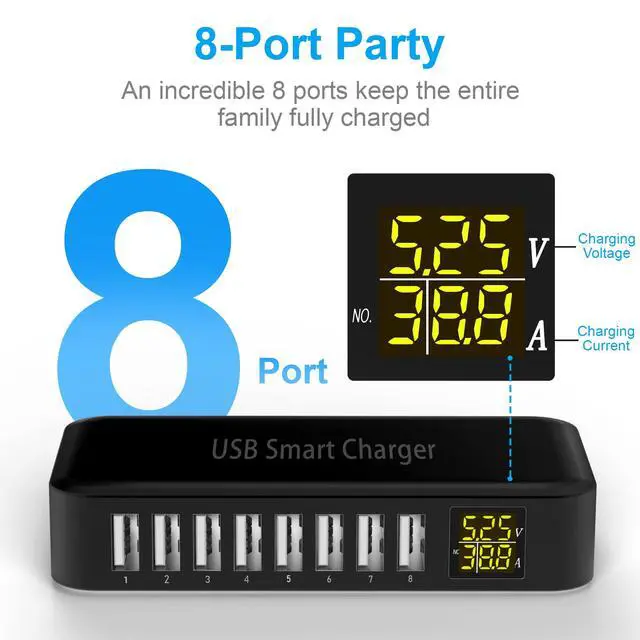 Alt view image 2 of 6 - USB Charging Station, 8-Port 60W/12A USB Charger Station, Multi Ports USB-A Charging Hub with LED Display, Compact Desktop Charger for Multiple Devices, iPhone iPad Samsung Android and Tablet