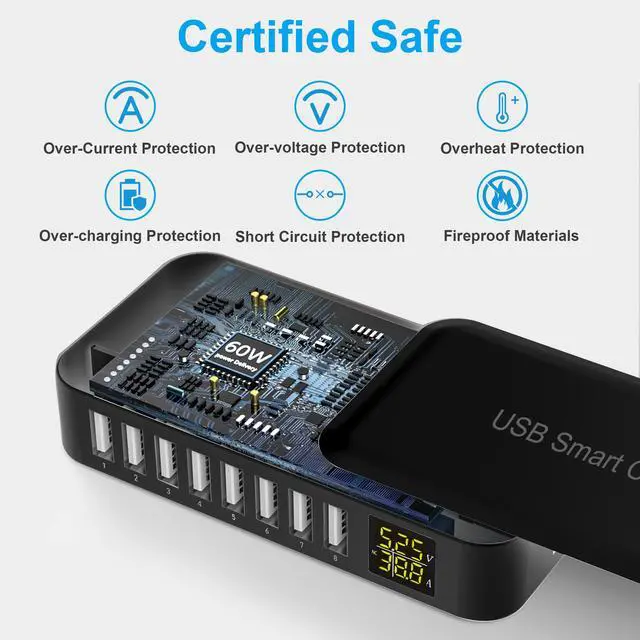 Alt view image 4 of 6 - USB Charging Station, 8-Port 60W/12A USB Charger Station, Multi Ports USB-A Charging Hub with LED Display, Compact Desktop Charger for Multiple Devices, iPhone iPad Samsung Android and Tablet