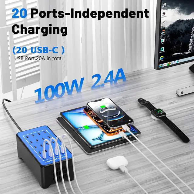 Alt view image 2 of 7 - USB C Charging Station, USB C Charger Block for iPhone, Android, Smartphone, Tablet, Samsung, AirPods, and Smart Watch Multiple Devices, 20-Port 100W Multi Port Desktop Charger