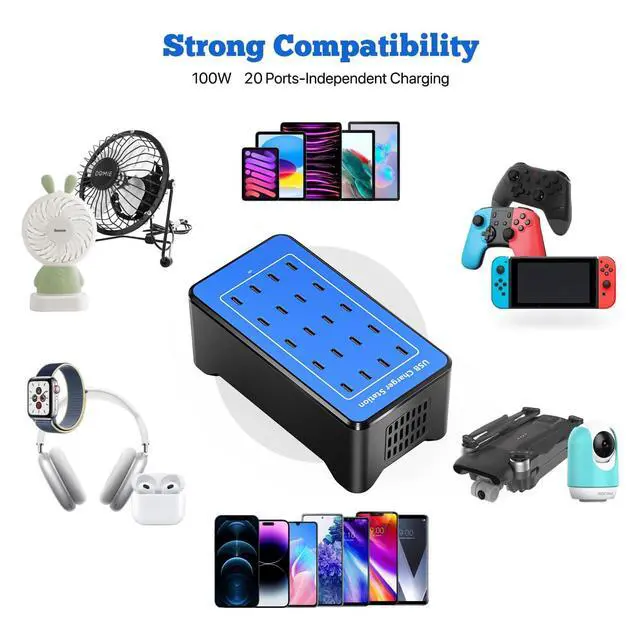 Alt view image 3 of 7 - USB C Charging Station, USB C Charger Block for iPhone, Android, Smartphone, Tablet, Samsung, AirPods, and Smart Watch Multiple Devices, 20-Port 100W Multi Port Desktop Charger