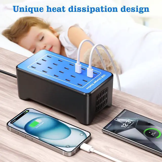 Alt view image 6 of 7 - USB C Charging Station, USB C Charger Block for iPhone, Android, Smartphone, Tablet, Samsung, AirPods, and Smart Watch Multiple Devices, 20-Port 100W Multi Port Desktop Charger