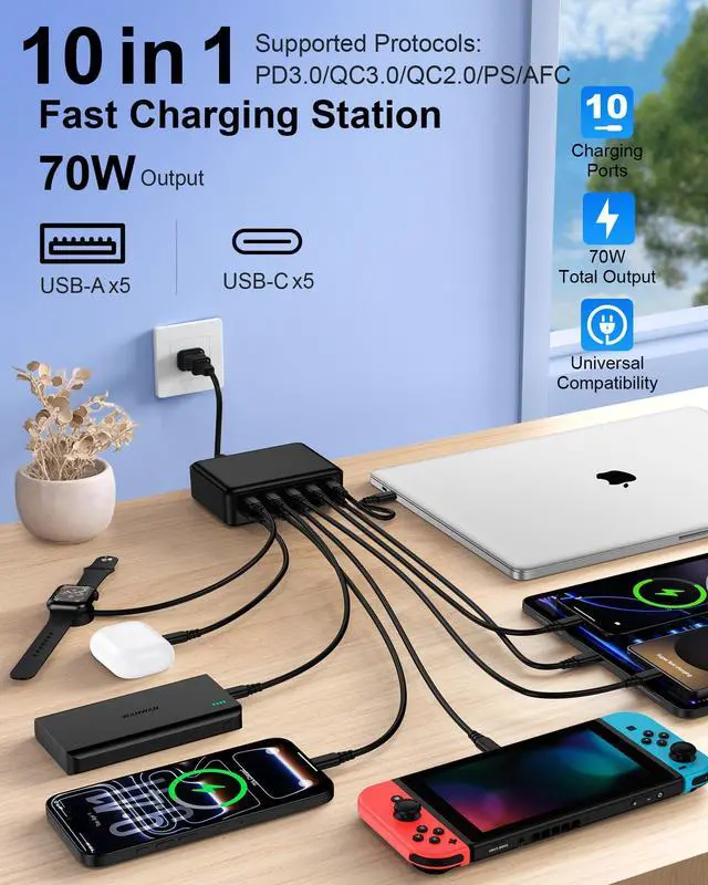 Alt view image 2 of 7 - USB C Charger Station for Multiple Devices, 10-Port USBC Charging Hub