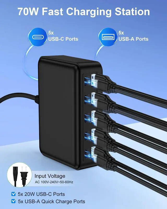 Alt view image 3 of 7 - USB C Charger Station for Multiple Devices, 10-Port USBC Charging Hub